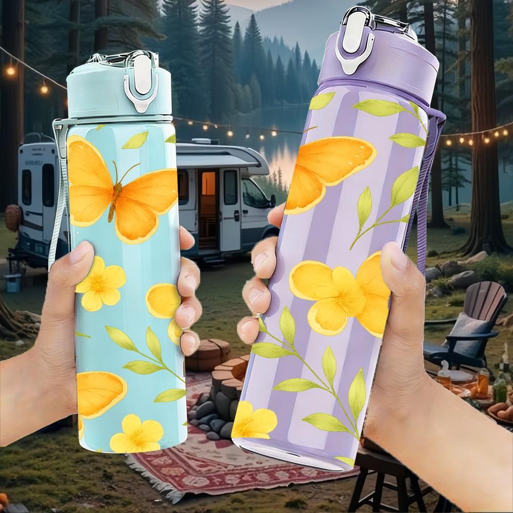 1PC Yellow Butterfly Floral Background Print 750ml Color Plastic Sports Water Bottle Leakproof Flip Straw Lid Suitable for Sports Office Home Use