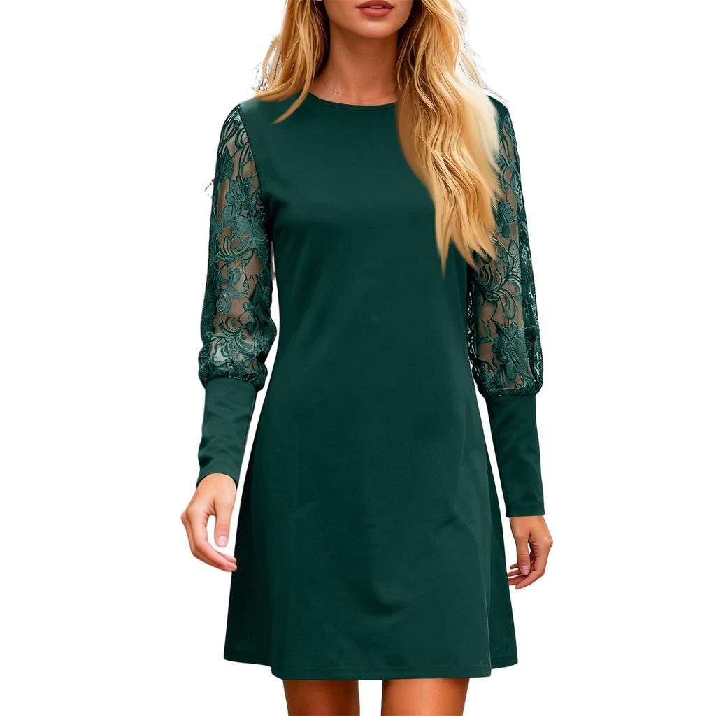 Women's Fashionable Casual Round Neck Long,Sleeve Printed Lace,Trimmed Dress