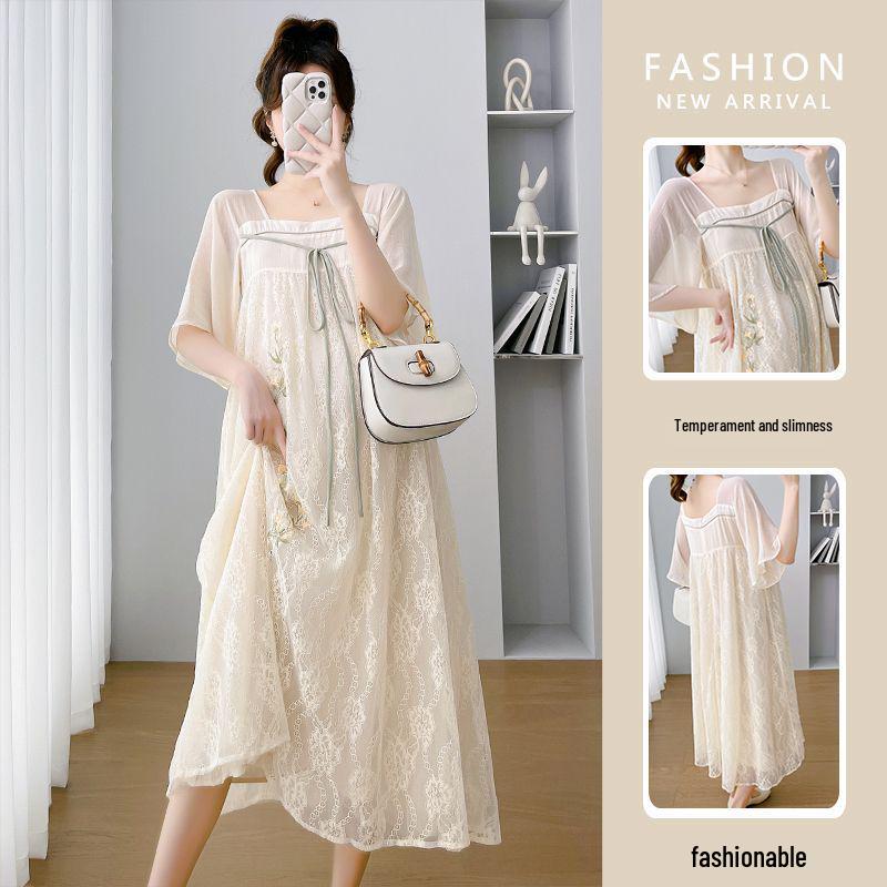 Maternity Chiffon Embroidered Qipao Dress - Summer Style, Plus Size, Loose Fit