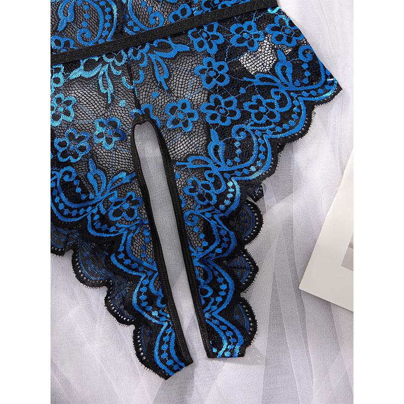 One-piece Porn Lingerie Transparent Hollow Crotchless Bodysuit  Erotic Costume Women's Lace Deep V Bra Open Sexy Underwear Set