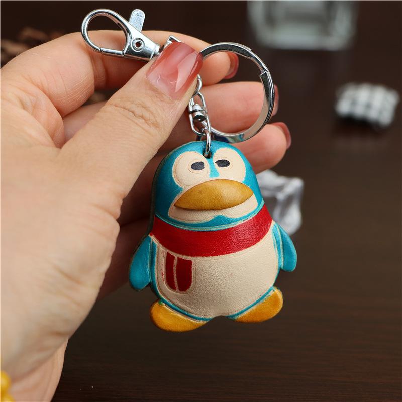 First Layer Cowhide Penguin Car Keychain Mini Cute Pendant Creative Small Gift Backpack Book Bag Pendant
