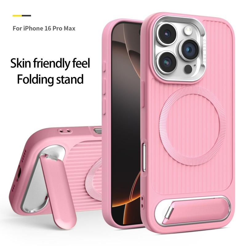 Luxury Stripe With Folding Bracket Plain Phone Case For iPhone 16 15 14 13 12 11 Pro Max Magnetic For Magsafe Wireless Charging