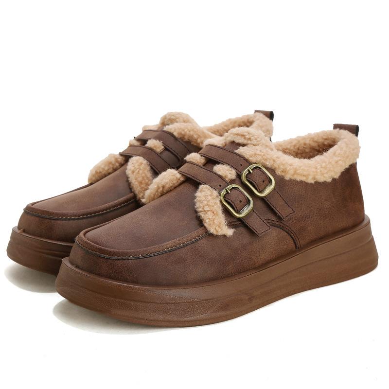 Зимние ботинки женские 2024 года, новые зимние мокасины на платформе, женские хлопковые пушистые ретро-британские туфли Birkenstocksshoes 40 кофейный