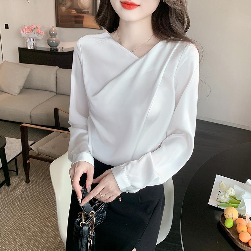 

Women s White Satin Acetate Shirt - French Design, Long Sleeve, Elegant & Simple L белый