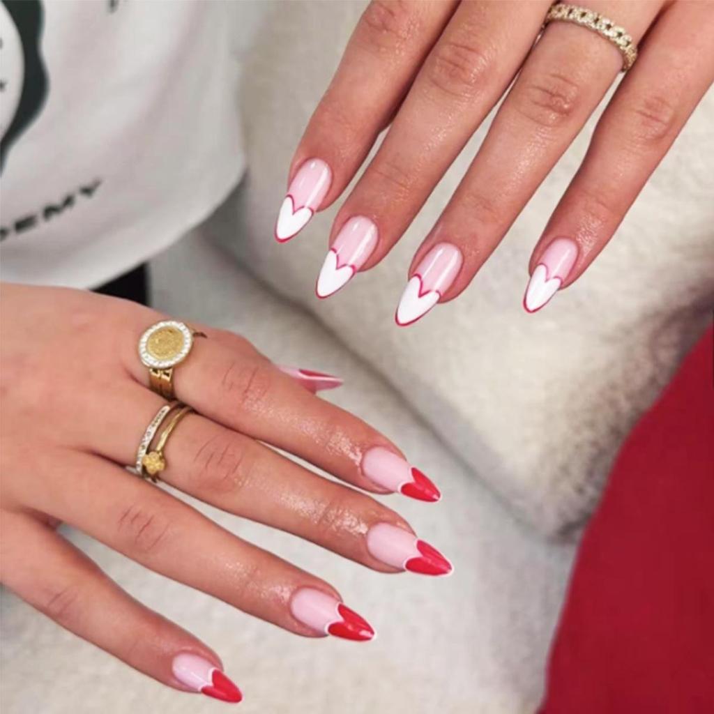 Valentine's Day Almond-Shaped Red & White Heart Nail Art Tips