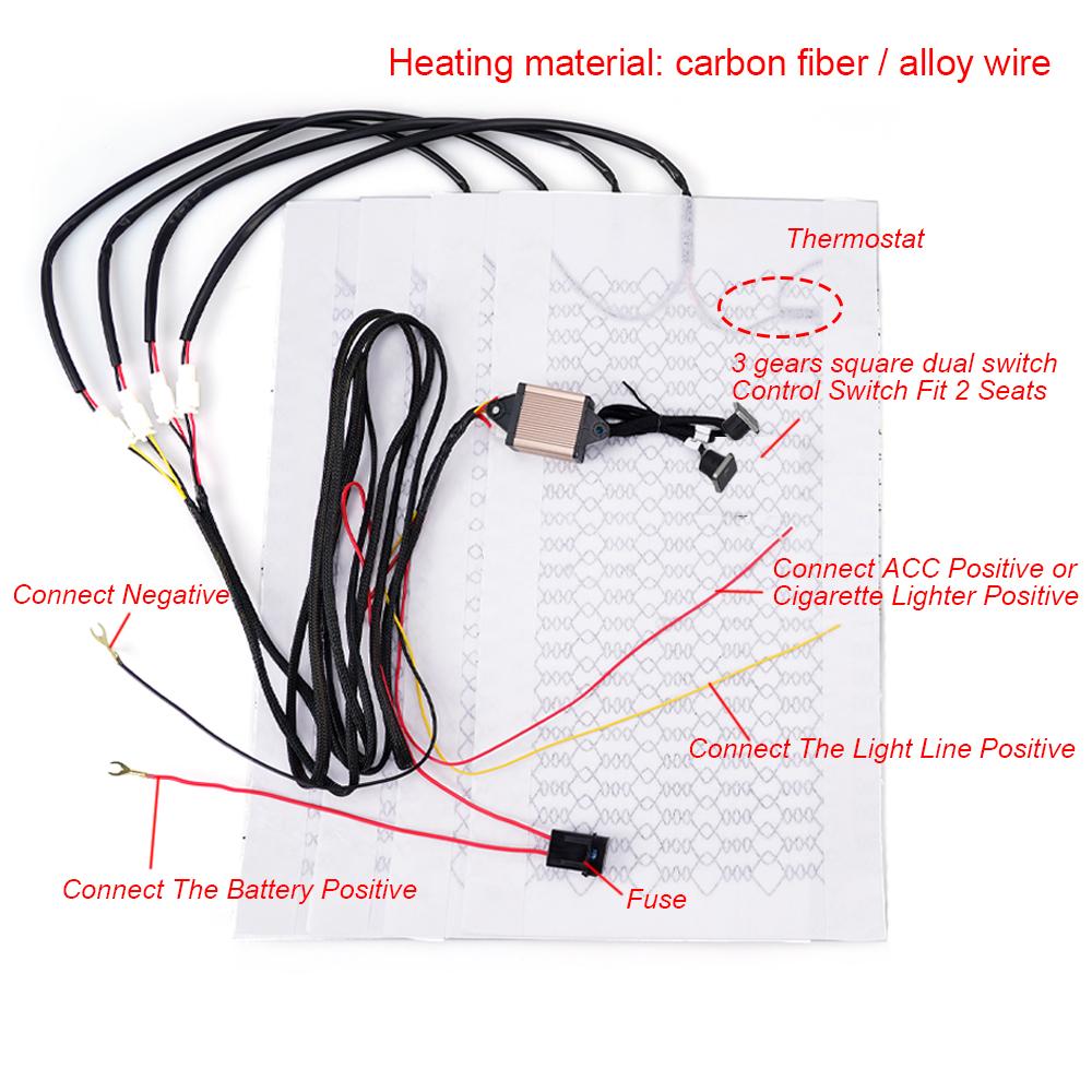 4Pcs Universal Car Seat Heater 12V Carbon Fiber Heat Pads 3 Levels Dual Square Control Switch With Harness As Winter