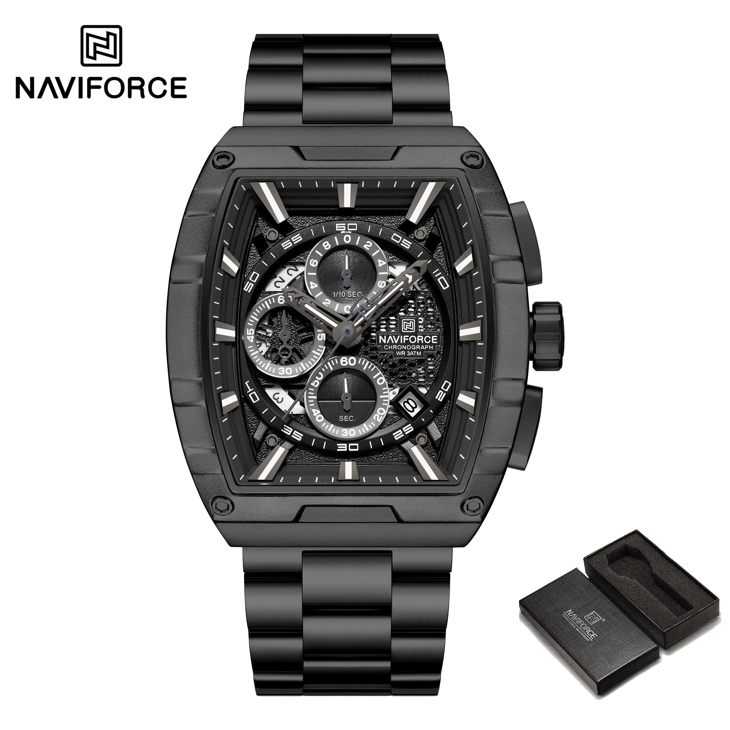 

Чоловічий кварцовий годинник NAVIFORCE з календарем, секундоміром, хронографом, люмінесцентними стрілками, ремінцем з нержавіючої сталі, водозахисний, для активного відпочинку, NF8066 чорний