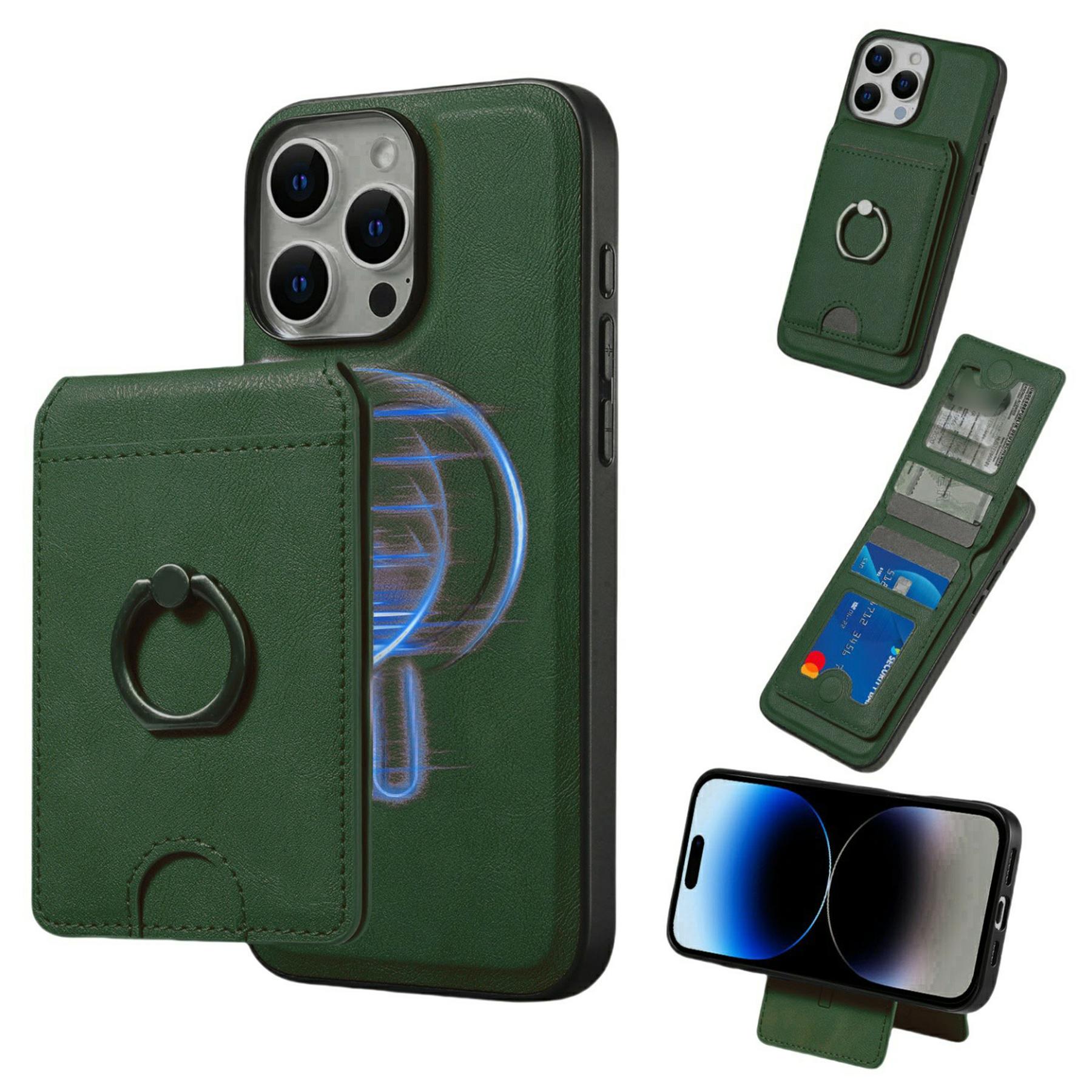 

For iPhone 16 Pro Magnetic Case PC+PU Phone Back Cover with Detachable Card Holder Green