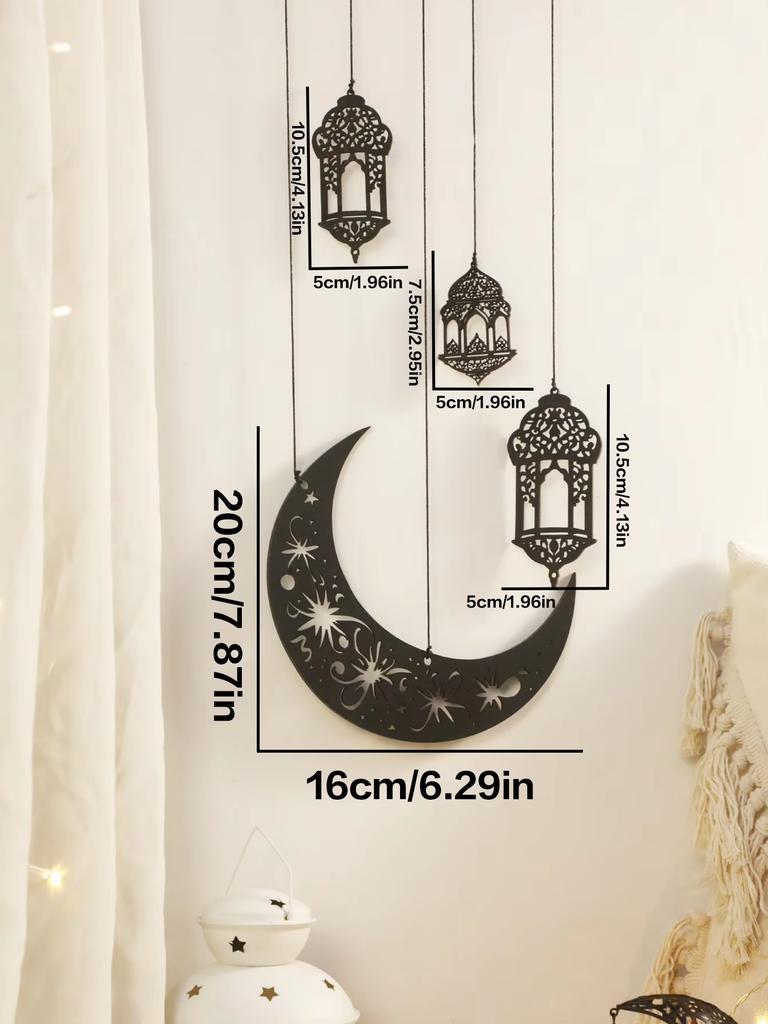 Wanddeko aus Holz - Schwarzer hölzerner Halbmond mit Sternausschnitten, Hängelaternen für Ramadan Eid, Islamisches Fest Heimdeko