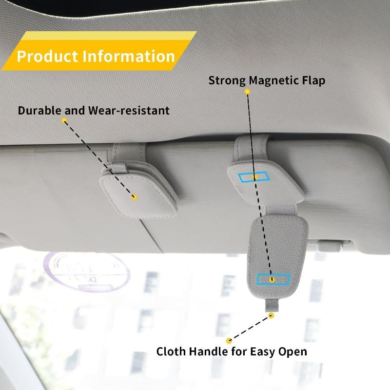 2 Packs Sunglasses Holders for Car Visor Magnetic Leather Sunglasses Holder and Ticket Card Clip Car Visor Accessories