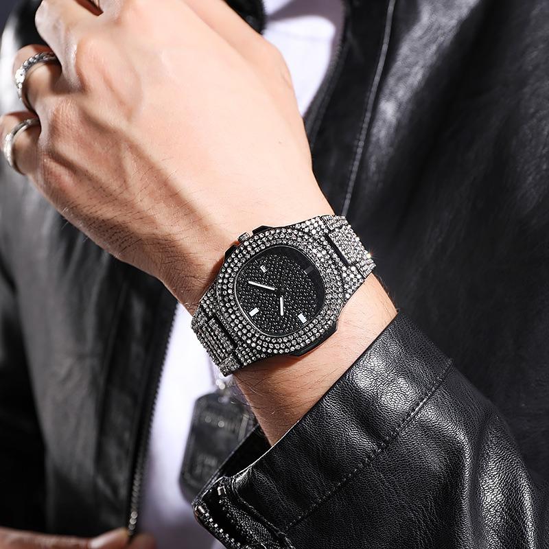 Éléments hip-hop européens et américains mode montres pour hommes et femmes tout en diamants carrées grandes montres dorées tendance mode bracelet en acier montres à quartz