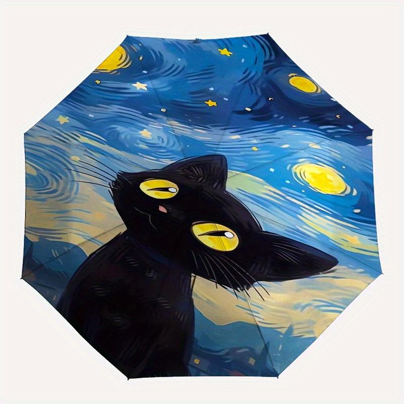 Black Cat, Starry Night Automatic Folding Umbrella  8 Ribs, Durable Iron Frame, Bright Color Pattern Compact Travel Umbrella, Suitable for O