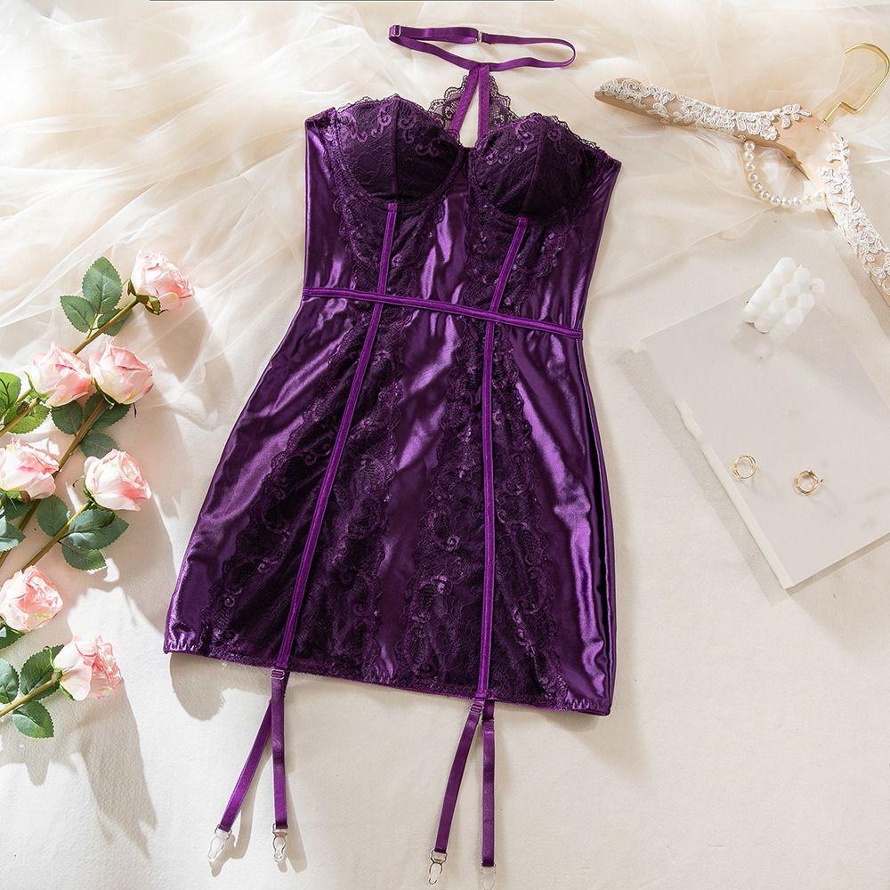 Satin Silk Mesh Nightwear Halter Sleeveless Nightdress Fashion Lace Nightgown  Girl
