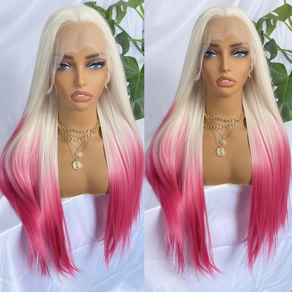 Ombre Pink Synthetic Lace Front Wig Colored Platinum Roots 13x4 Long Straight Hair Natural Hairline Glueless Wigs For Women
