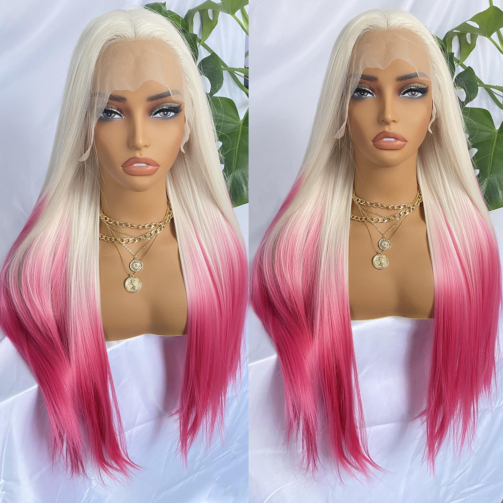 

Ombre Pink Synthetic Lace Front Wig Colored Platinum Roots 13x4 Long Straight Hair Natural Hairline Glueless Wigs For Women (as the picture,26inches&Lace Front)