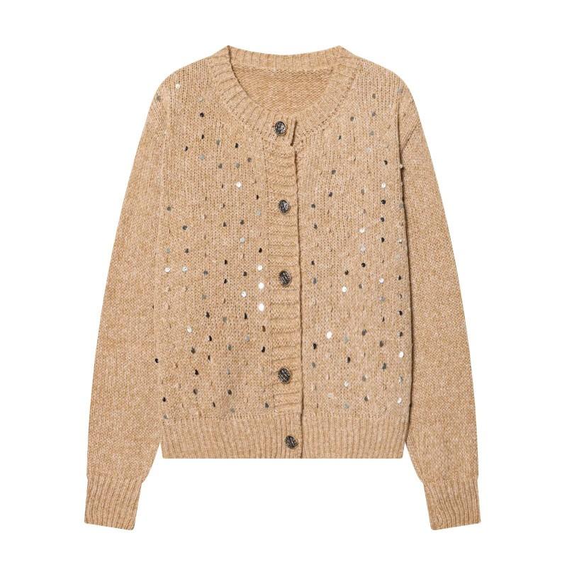 Damen 2026 Pailletten Strick Cardigan Pullover - Streetwear Stil Rundhals Langarm Knopfleiste
