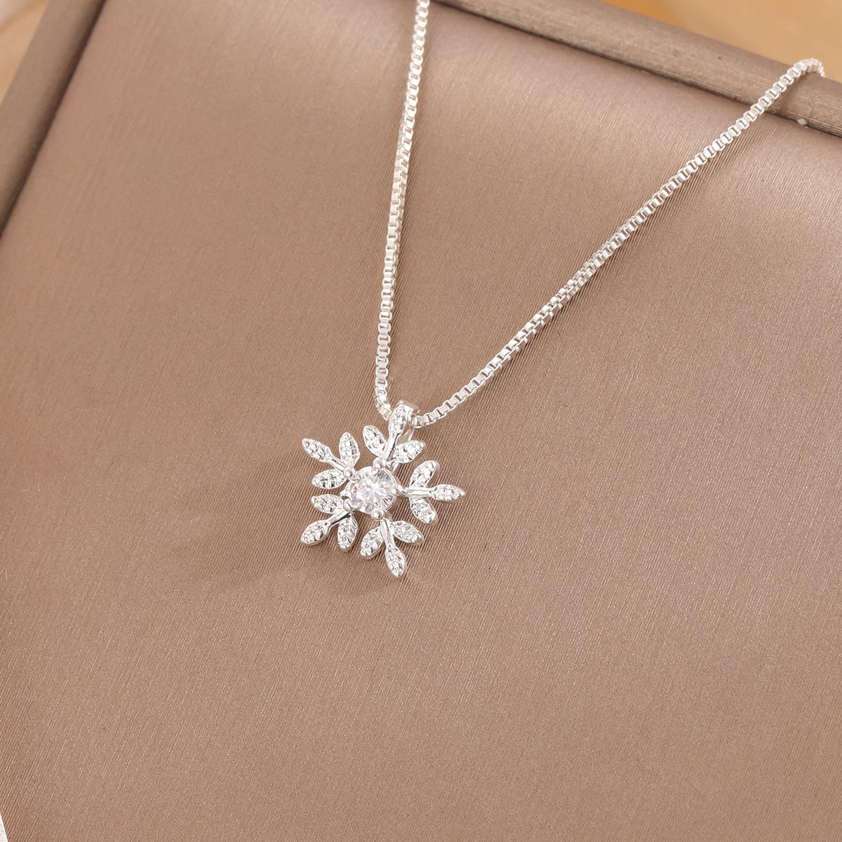 925 Silver Snowflake Crystal Flower Pendant Necklace for Girls серебряный