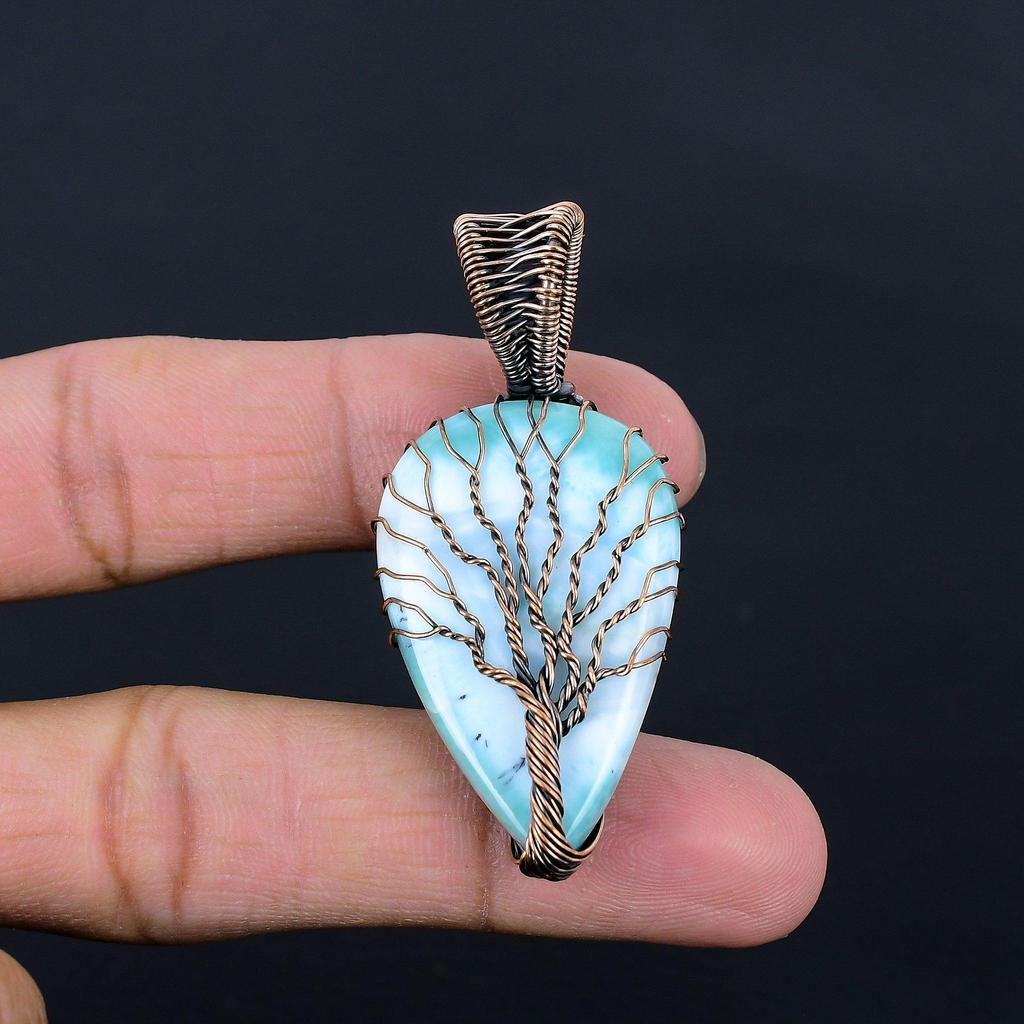 Wunderschöner Lebensbaum Larimar Edelstein Reiner Kupferdraht Wickel Handgefertigter Schmuck Anhänger