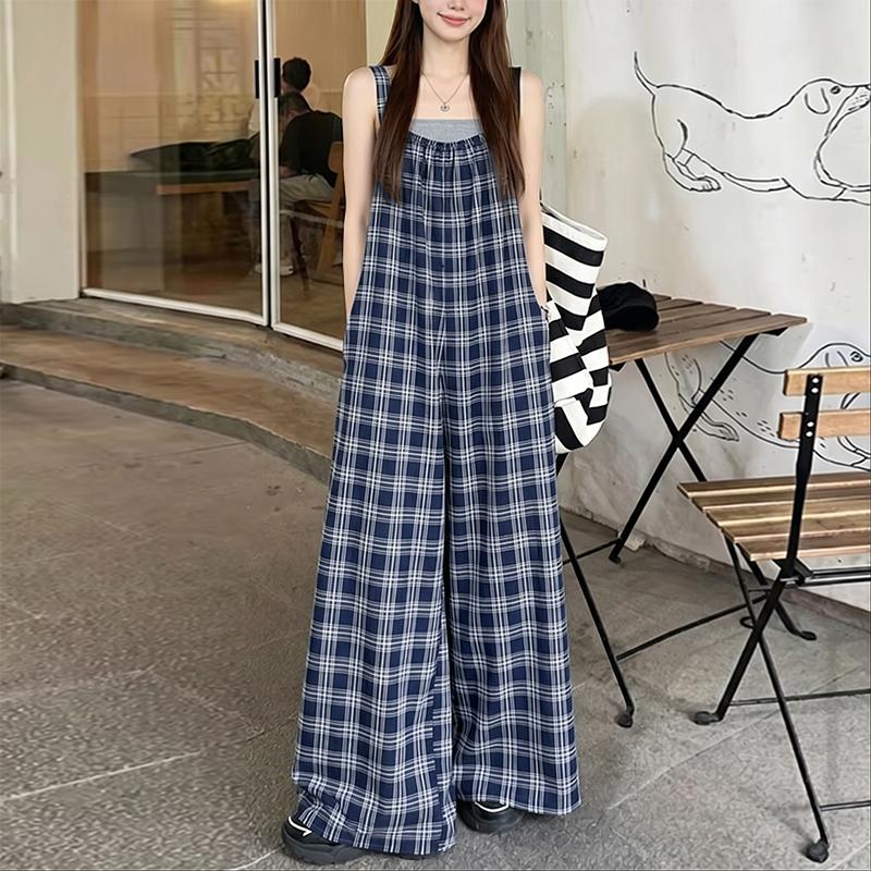 ZANZEA Women Square Collar Loose Casual Plaid Print Sleeveless Dungaree Wide Leg Jumpsuits M тёмно-синий