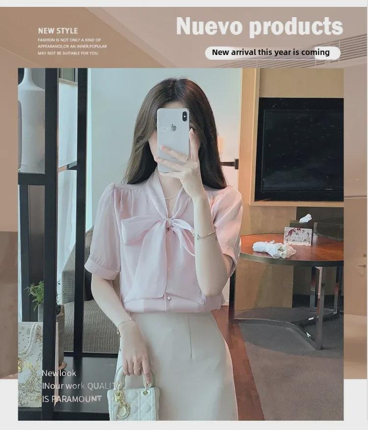2025 Summer New Korean Style V-Neck Bow Lace Chiffon Shirt - Pink Sweet Short-Sleeved Top