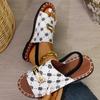 Large-sized Buttoned Fabric One-line Sandals Women's Summer Elastic Flat Shoes, Embroidered Beach Flip-flops