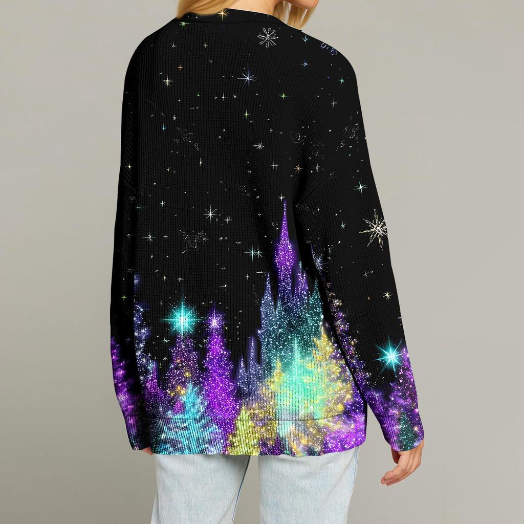 Women's Fashion Long Sleeve Christmas Print V-Neck Button Loose Cardigan Top