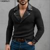 INCERUN Men V Neck PU Patchwork Long Sleeve Rib Stretch Pullovers Tops Undershirts