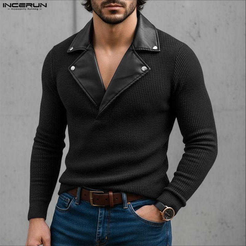 INCERUN Men V Neck PU Patchwork Long Sleeve Rib Stretch Pullovers Tops Undershirts