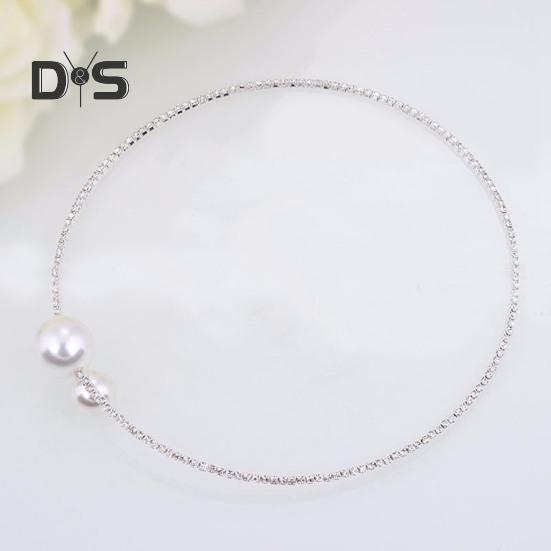 2Pcs/Set Women Elegant Jewelry Set Shiny Rhinestones Faux Pearls Adjustable Open Collar Necklace Bangle Set