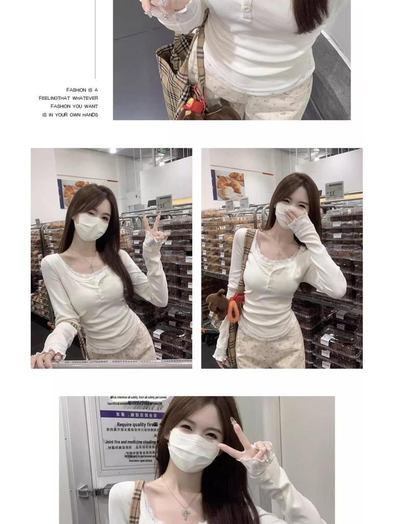 Korean Style Autumn Floral Lace Color-Block Button Shirt: Women's Long Sleeve Two-Piece T-shirt