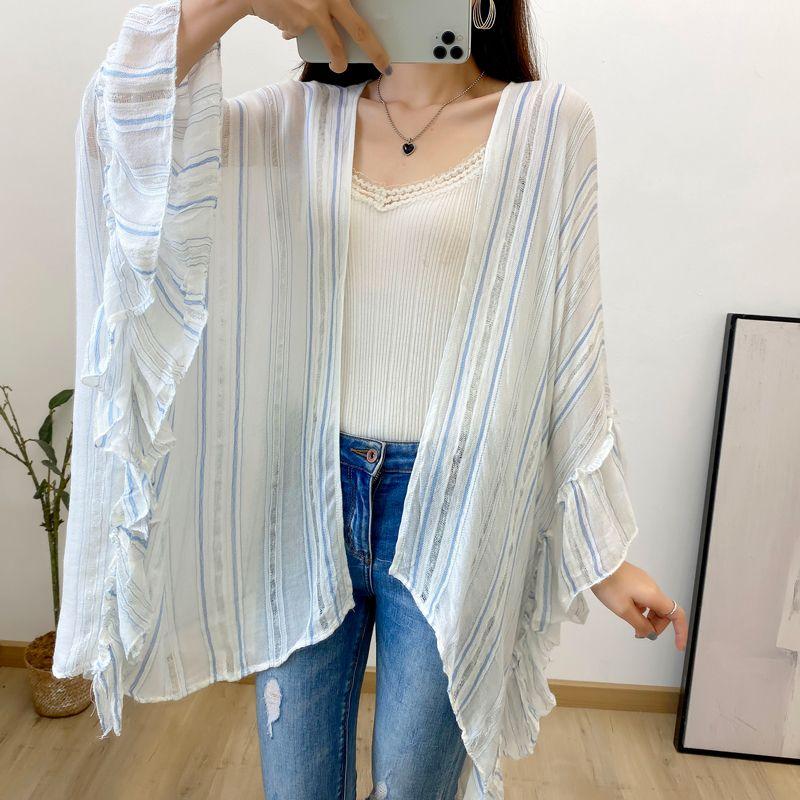 

Spring and Summer New Arrival Export European and American Women s Clothing Cape and Shawl Ruffle Sleeve Outerwear Sun Protection Clothing Cardigan Stripes color Bat Bust size not Limited