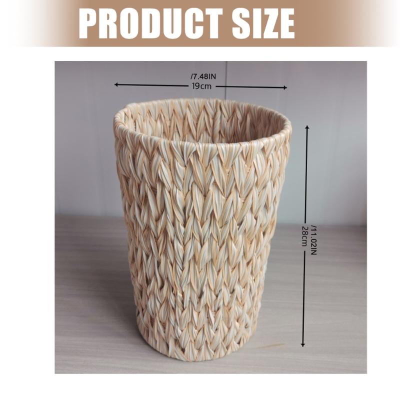 Large Capacity Rattan Waste Bin Handwoven Trash Can With Iron Frame For Kitchen Living Room Office Children Toy Storage