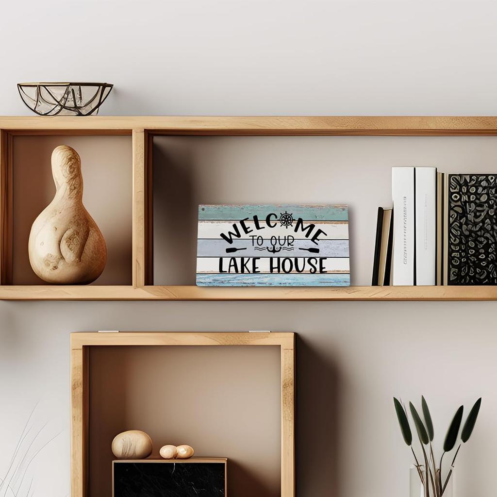 Welcome To Our Lake House Farmhouse Printed Wood Plaque Sign Wall Hanging,Rustic Hanging Wall Signs for Lake House Summer Home Decor 12 X 6 Inches