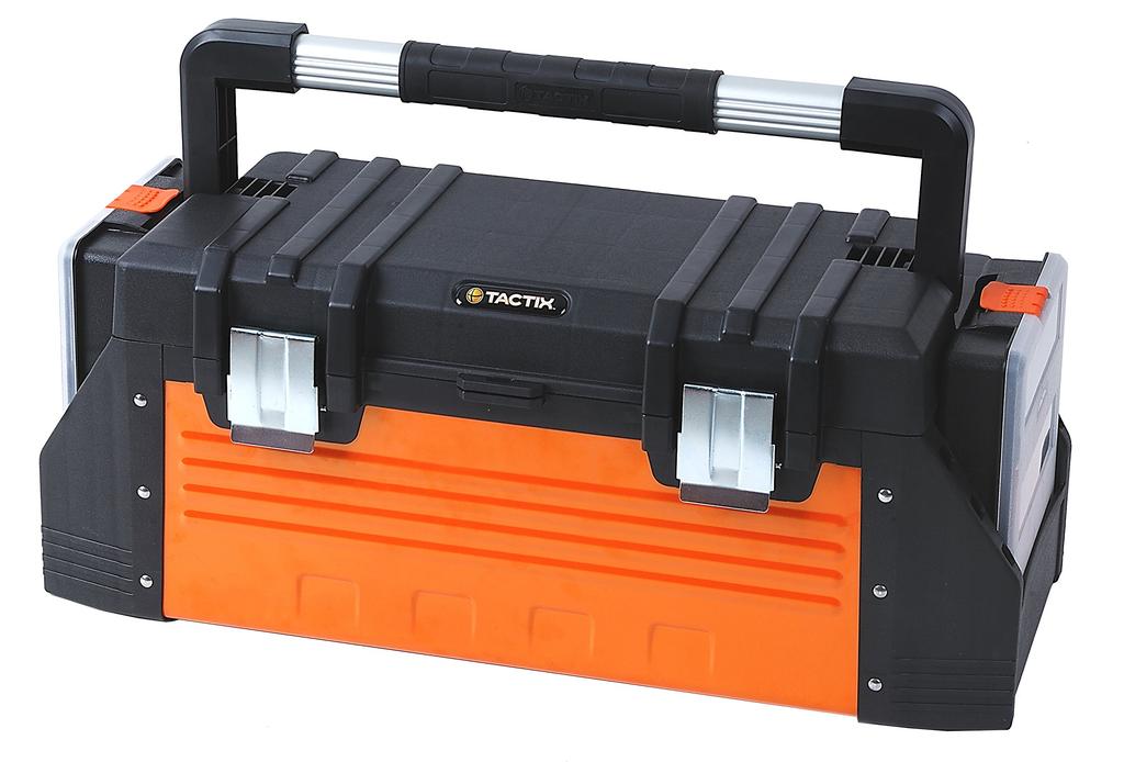 Tactix 320324 Plastic and Metal Tool Box with 2 Organizers, 26" Black/Orange