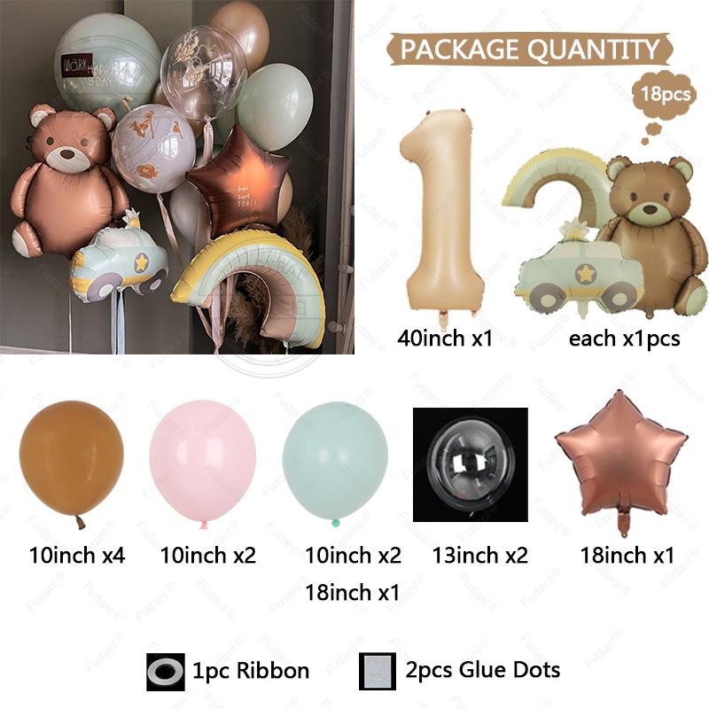 

18pcs Cream Number Bear Rainbow Foil Balloons Happy Birthday Party Decorations Kids Girl Boy 1 2 3 4 5 6 7 8 9 Year Old Supplies 40inch