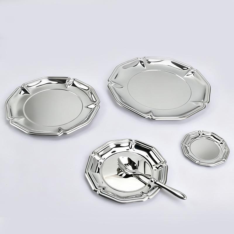 Silver Stainless Steel Cake Tray Round Mirror Surface Dessert Plate for Restaurant Buffet Food Display
