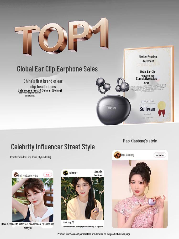 Sanag S7S Bluetooth Ear Clip Earphones with AI Translation and Air Conduction for 2025 Sports - Open, Not In-Ear Design