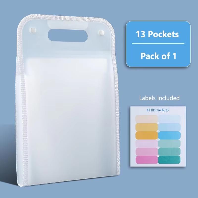 13-Pocket Translucent Expanding Accordion File Organizer with Labels, A4 Letter Size Paper Folder for Office School Home Accessories