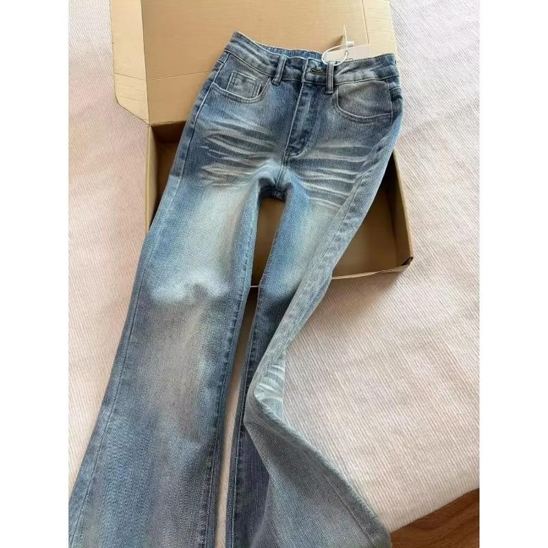 Women's Light Blue Washed Flare Jeans Low Waist Slim Fit Elastic Denim Pants