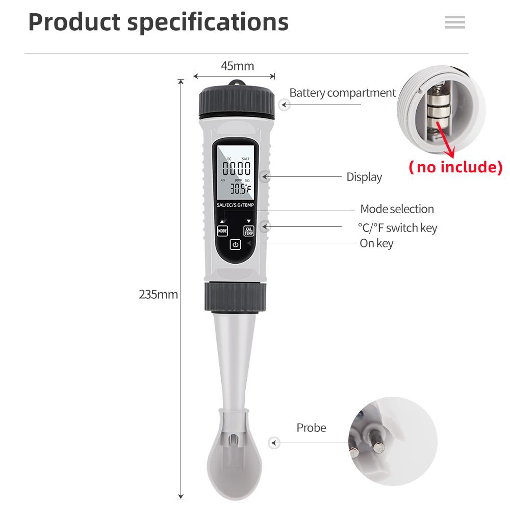 4 In 1 TDS EC S.G TEMP PH Meter Water Monitor Salt Tester Concentration Detector Water Quality Analyzer for Household for Pools