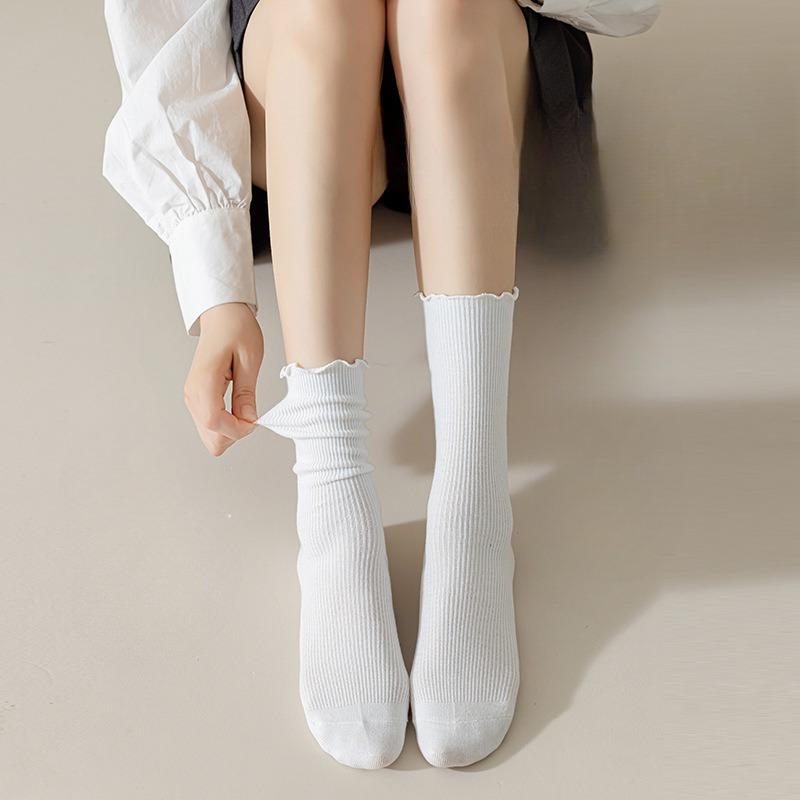 Women's Summer Mid-calf Socks, Anti-pilling Pure Cotton Socks, Black Fungus Lace Socks, Pile Socks