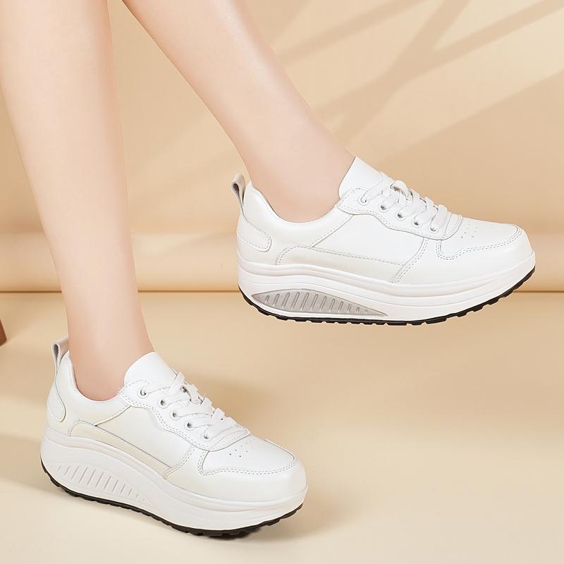 Women's Sneakers Height Increase White Leather Platform Casual Simple Thick Sole Elevator Shake Shoes
