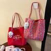 Red Casual Checked Canvas Bag Women's Large Capacity Letter Shoulder Tote Bag Double Sided Back Commuter Bag