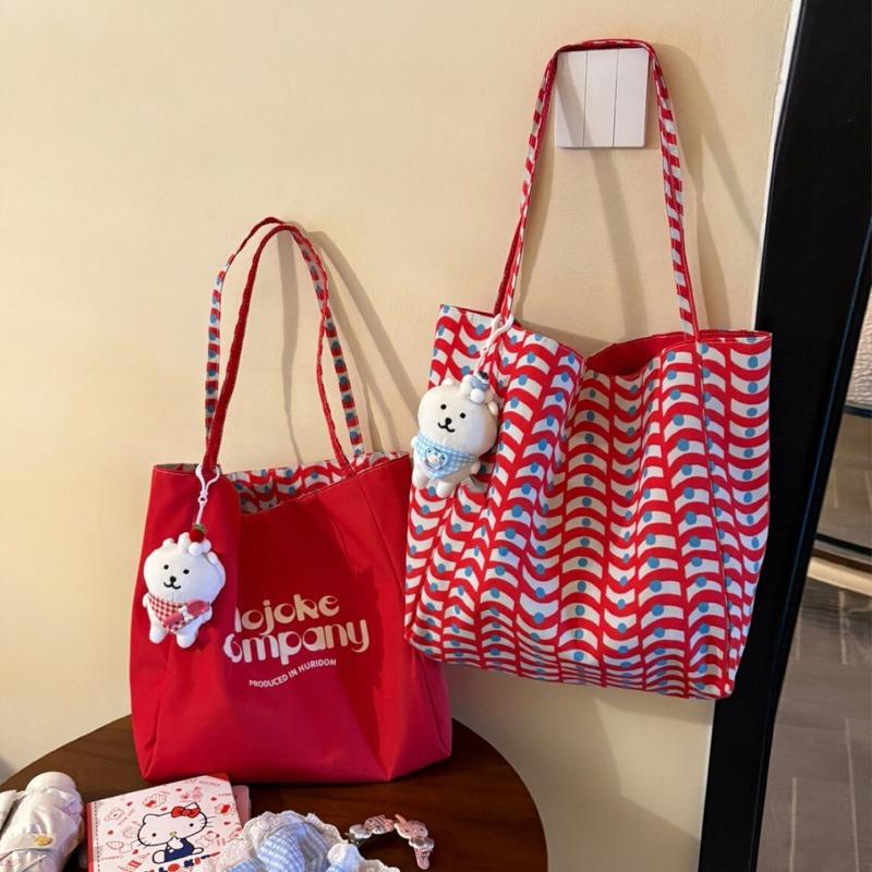 Red Casual Checked Canvas Bag Women's Large Capacity Letter Shoulder Tote Bag Double Sided Back Commuter Bag