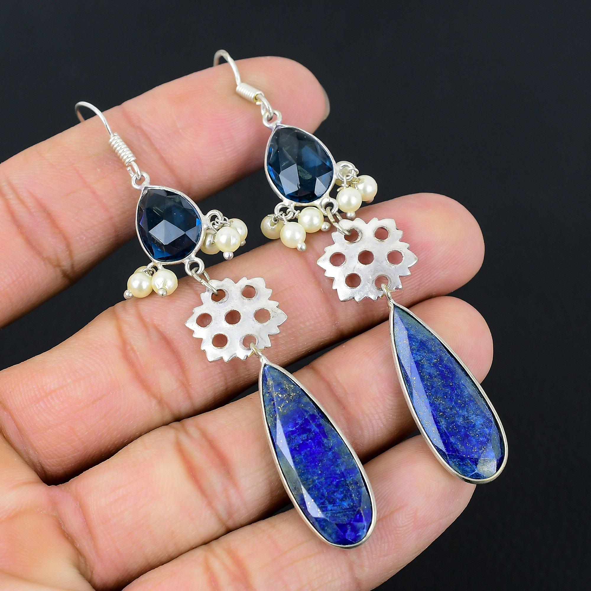 

Lapis Lazuli Stone Iolite Quartz Anniversary Dangle New Earrings Sterling Silver
