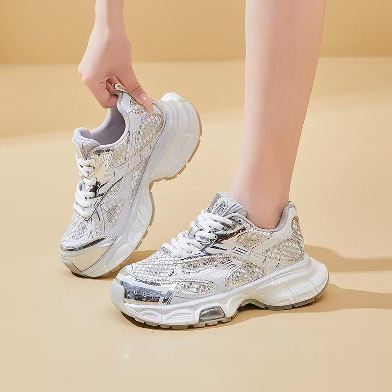 

Breathable mesh thin dad shoes women s summer new thick-soled heightening lightweight sports and leisure shoes tide 35 серебряный