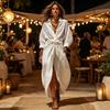 Maxi Shirt Dress for Women, V Neck Long Sleeve Ruffled Tie Waist Boho Long Dress, High Slit A-line Loose Flowy Dress with Pockets
