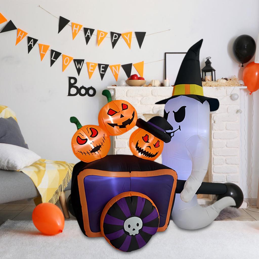 Halloween Inflatable Cart Pumpkin Inflatable Ornaments LED Light Outdoor Garden Decorations
