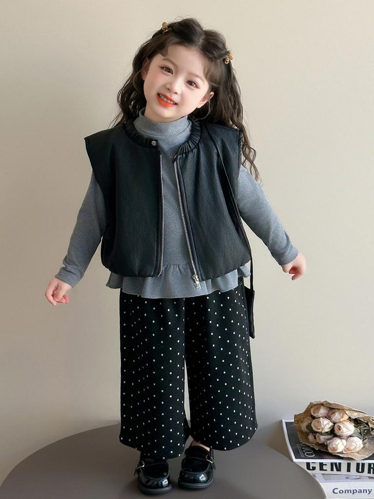 Jesień 2025 Zestaw Mody Dziewczęcej: Zestaw Trzyczęściowy Koszulka Bazowa w Stylu Koreańskim i Skórzana Kamizelka