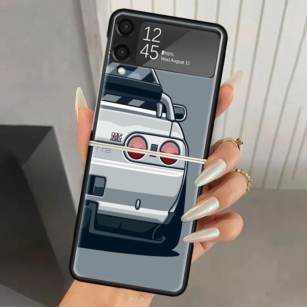 Japan JDM Sports Cars Comic Hard PC Phone Case For Samsung Galaxy Z Flip 7 6 5 4 3 Black ZFlip7 ZFlip6 Flip5 Flip4 Flip3 5G Prin